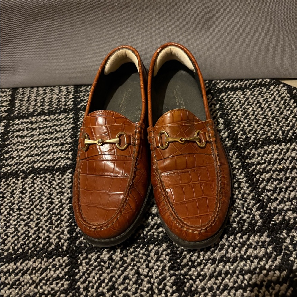 Simons brown leather croc print gold horse bit loafers size 38